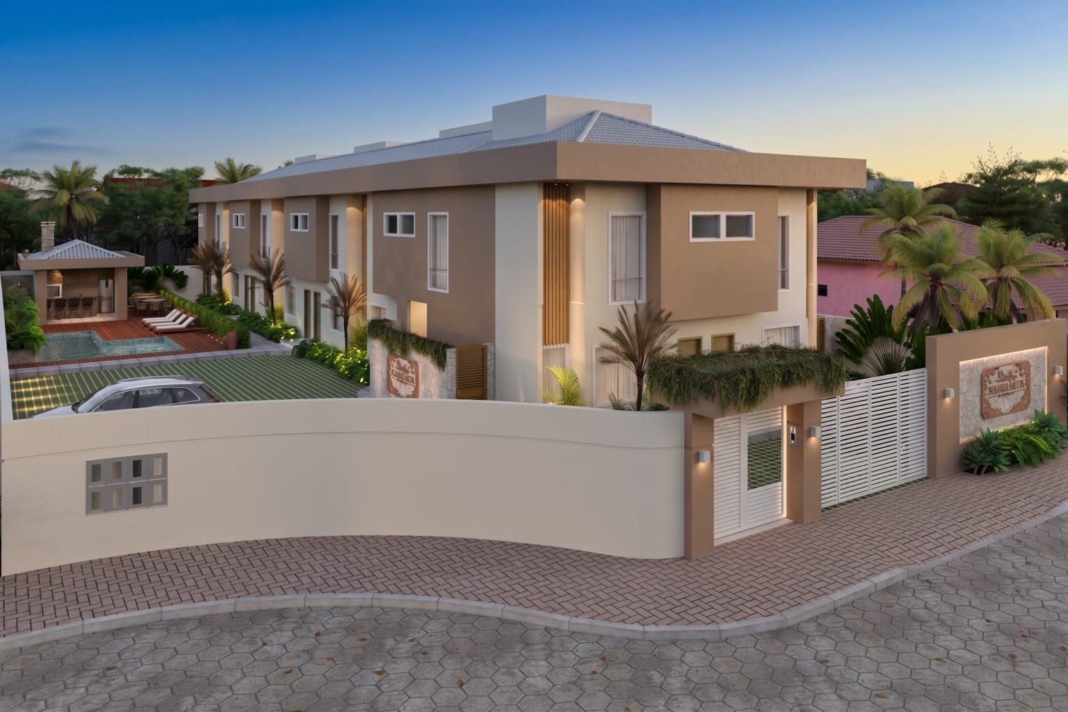 Fachada de empreendimento da Beira da Praia Incorporadora ao entardecer
